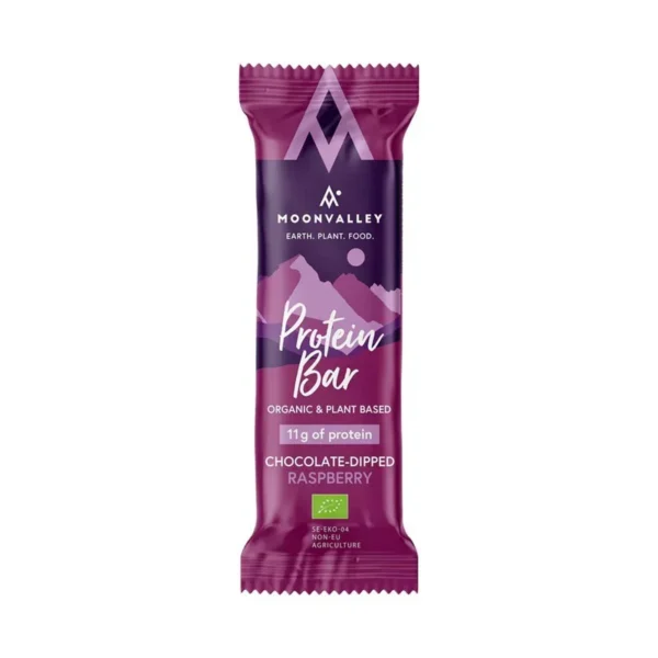 Barre protéinée bio Moonvalley – Framboise enrobée de chocolat
