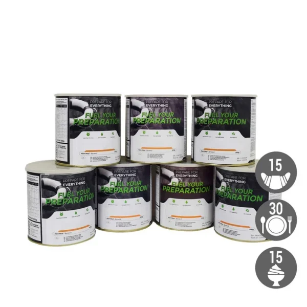 Pack Survie 15 jours végétarien – 15 petits déjeuners, 30 repas, 15 desserts – Stockage 25 ans
