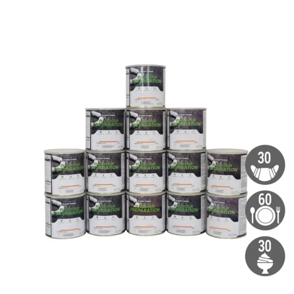 Pack survie 1 mois – 30 petits-déjeuners, 60 repas, 30 desserts – Stockage 25 ans